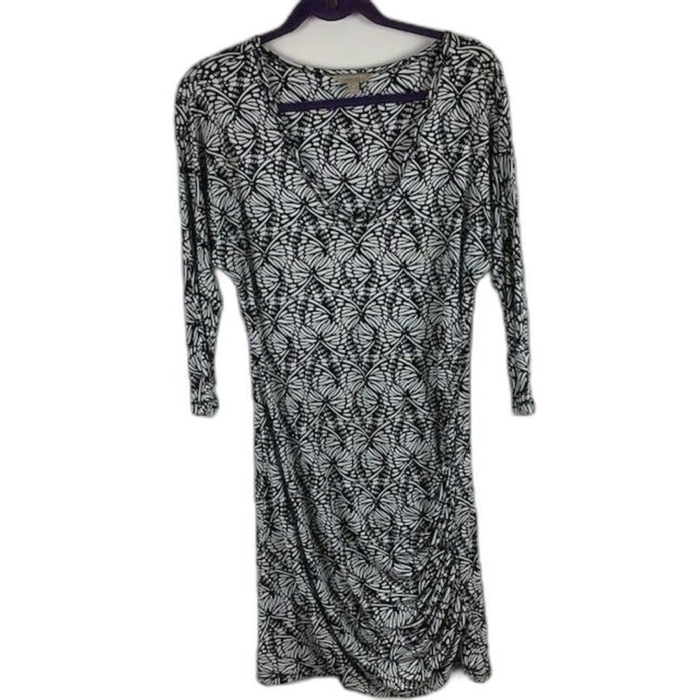 Banana Republic Size Medium Womans Dress Black White 3/4 Sleeve Ruched Side